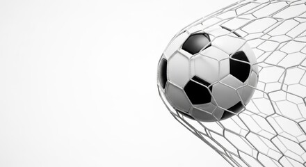 Fototapeta premium Soccer Ball Hitting the Net Isolated on White Background with Copy Space - Goal Concept