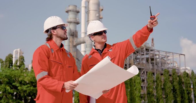 Male refinery technician points walkietalkie upward while engineer reads blueprint, directing pipeline inspection, safety compliance, maintenance planning, petrochemical field coordination onsite.