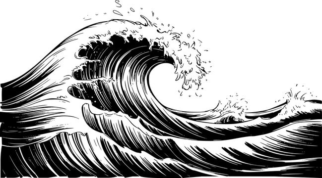 詳細な泡と動きを伴い打ち寄せる強力な海の大波のドラマチックな白黒インク画