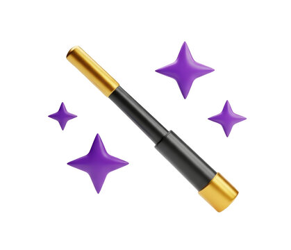 Golden tipped magic wand emitting purple stars for fantasy or spellcasting concepts