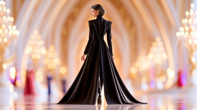 Elegant female sci-fi senator standing in a luminous futuristic palace wearing a minimalist ceremonial robe. Regal political leader with sophisticated fashion in a grand utopian civilization.
