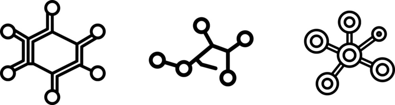 A minimalist black outline icon of a chemical molecule with six atoms connected by lines against a pure white background