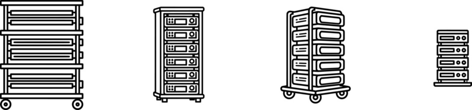 A minimalist icon of an unbranded modular medical data server rack stands against a stark white background, emphasizing its clean design and functionality in a clinical setting
