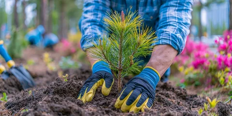 Gardener planting a young pine tree in fertile soil, promoting reforestation, environmental conservation, sustainable forestry, climate action, and ecological restoration in a natural landscape. © QuietWord