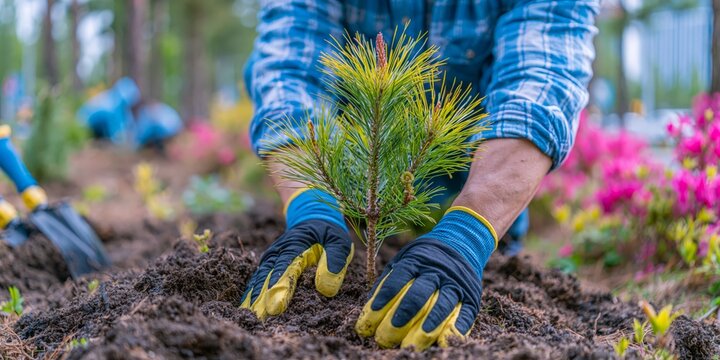 Gardener planting a young pine tree in fertile soil, promoting reforestation, environmental conservation, sustainable forestry, climate action, and ecological restoration in a natural landscape.