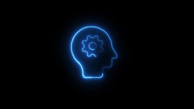  man head and setting icon animation on black background, neon human head with gear and chip, neon ai brain interface animation on dark 4k animation 