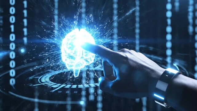 Person touching glowing digital brain with binary code background