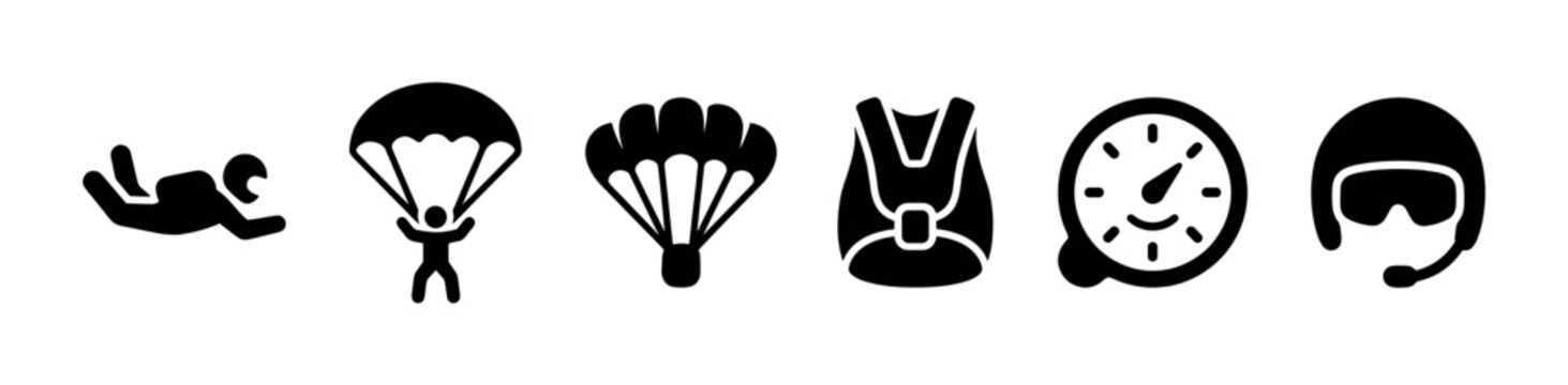 Collection of black silhouette skydiving icons including a freefalling person, parachutes, a harness, an altimeter, and a helmet on a white background