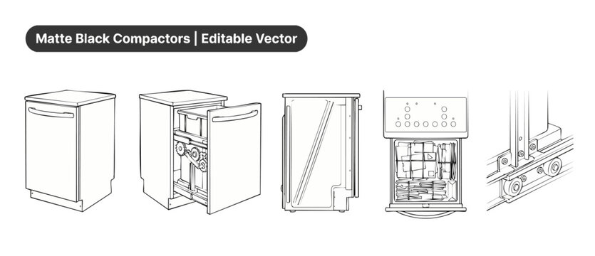 Trash compactor vector line art schematic diagram showing garbage compactor mechanism, open and closed views of modern kitchen waste disposal appliance for technical blueprint design illustration.