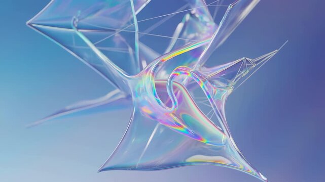 Iridescent translucent membranes stretching and tightening into sharp angular planes with prismatic highlights and rounded pockets against soft blue gradient backdrop
