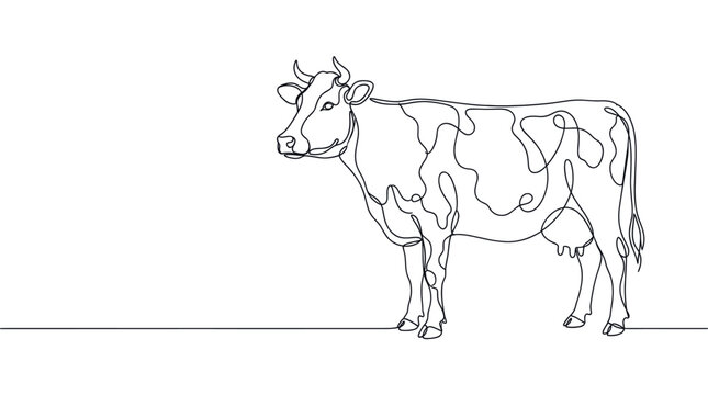 Continuous single line drawing of a standing dairy cow with horns, udders, and abstract spots on a clean white background