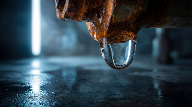 Water drips from rusted pipe in industrial environment. Dark floor glistens with moisture from leaky pipe. Concept of plumbing, maintenance, renovation