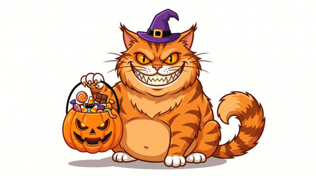 Evil Grinning Orange Cat with Witch Hat and Trick or Treat Candy Pumpkin Bucket Halloween Vector Illustration