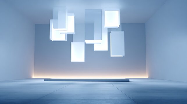 Futuristic minimalist room with glowing floating cubes and central podium for exhibition display showcase