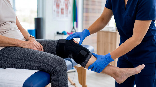 Physical therapist fits knee brace on elderly patient sitting on treatment table. Bright therapy room with modern equipment. Concept of healthcare, rehabilitation, physical therapy