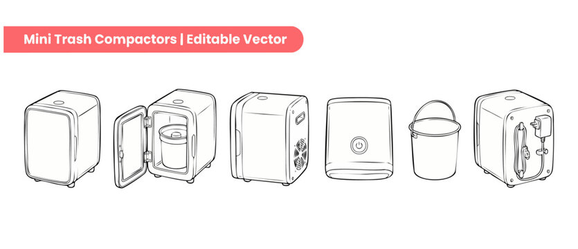 Mini trash compactor vector icon set of electric garbage bin appliance with outline drawings of portable kitchen waste disposal and recycling bucket device isolated on white background.