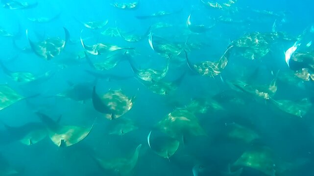 A group of Mobulas or Manta rays swimming in the ocean, Baja California Sur, Mexico