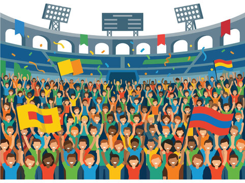 Cheering crowd in a sports stadium with flags and lights