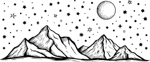 満月の下、星空の夜空の下にある山脈の手描きの白黒イラスト © Anjuman_42