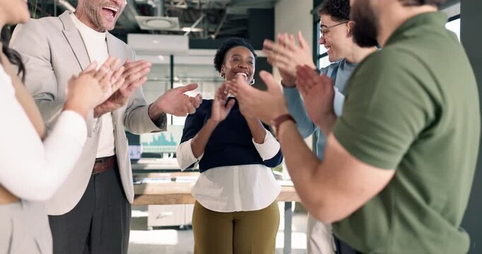 Happy, team and hands together with applause in office for winning, celebration or achievement. Excited, group or employees piling with stack or clapping for social cohesion or synergy in workplace