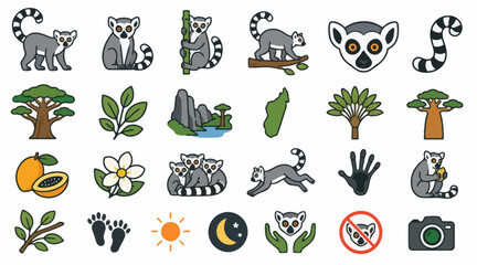 Colorful Lemur and Tropical Nature Icons Collection. © Tata