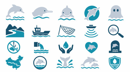 Flat Design Icons of Marine Life and Industry Symbols. © Tata