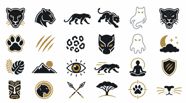 Black and gold panther and symbol icons collection.