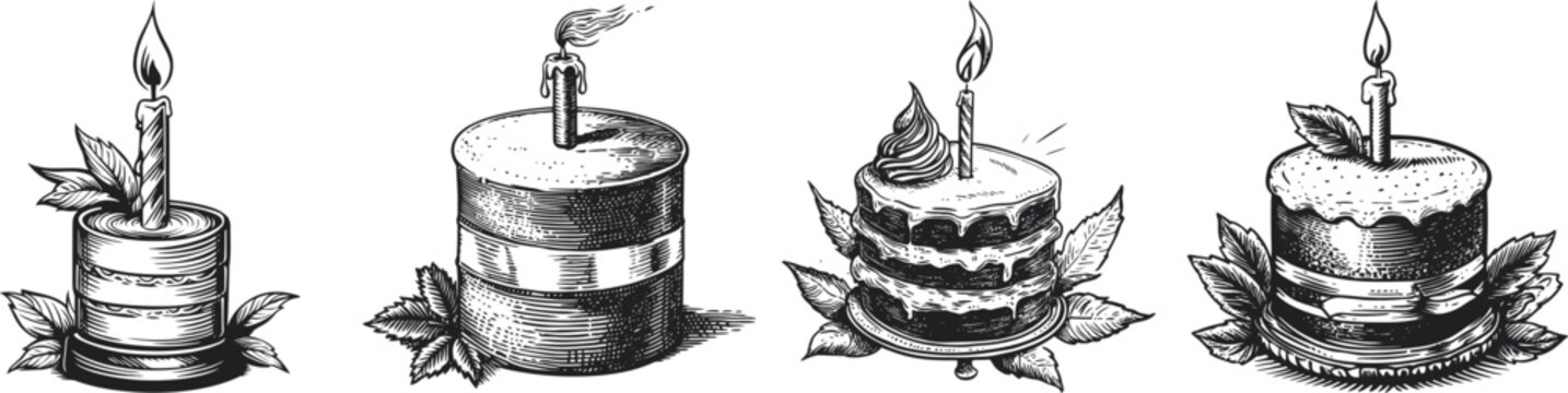 A collection of vintage-style illustrations featuring four different cakes, each adorned with candles 