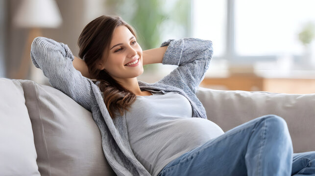 Happy pregnant woman relaxing on a sofa at home, smiling and enjoying a calm moment in a cozy living room, pregnancy and motherhood concept.