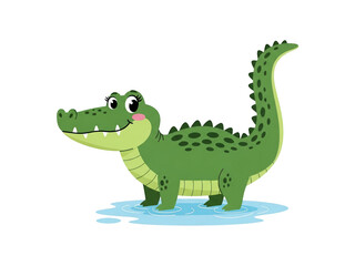 Fototapeta premium Cute cartoon alligator standing in water, friendly expression, ideal for children content