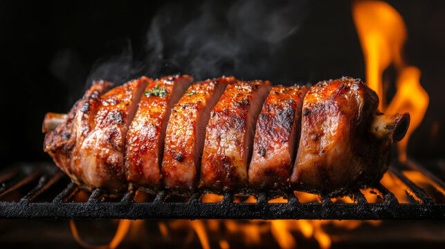 Juicy grilled meat slowly cooking over open flames in a backyard barbecue setting