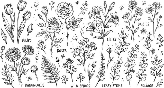 Botanical flower species icon collection, detailed black‑and‑white plant artwork design, educational motif concept, nature study illustration