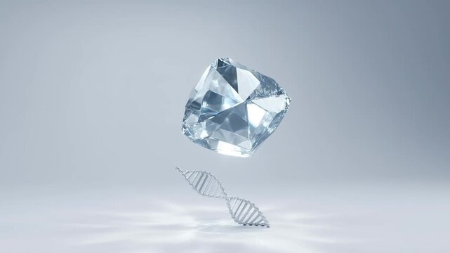A large diamond floats above a DNA double helix structure on a plain surface
