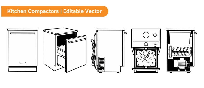 Kitchen trash compactor vector icon set showing technical appliance diagrams, modern waste disposal machine line art blueprints with front, back, and cutaway interior mechanisms for home utility.
