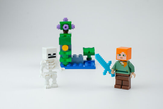 Minecraft-style block toy characters with a skeleton figure, sword, and fantasy structure are arranged on a white background on Apr 13, 2026 in Jakarta, Indonesia