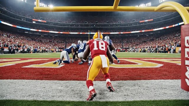 Football player sprints with the ball, evading defenders in a stadium