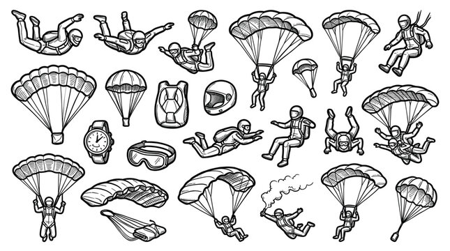 Various hand-drawn skydiving elements, including parachutes, skydivers in different poses, and equipment, isolated on a clean white background