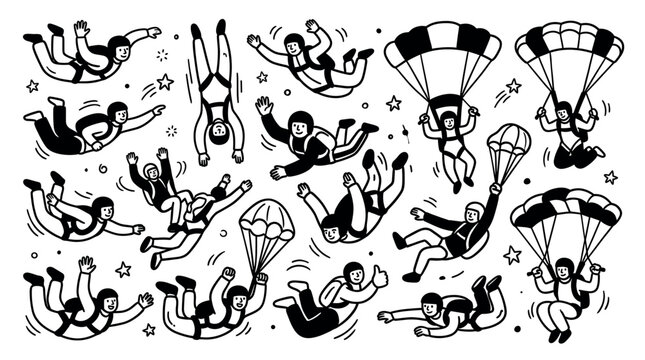 Collection of diverse cartoon skydivers in various freefall and parachuting poses, depicted in a simple black and white line art style