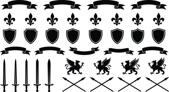 Medieval heraldic emblem icon collection, knight crest artwork design, decorative motif concept, coat of arms theme illustration, flat vector illustration