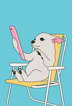 Illustration of a Happy Smiling White Chihuahua Dog Holding a Smartphone, Sitting on a Beach Chair Against Light Blue Background