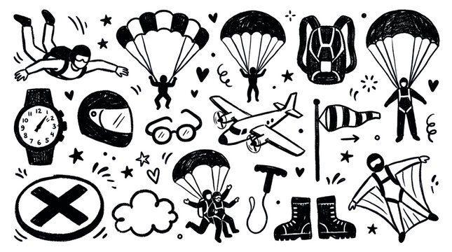 Hand-drawn black and white skydiving and parachuting doodle icons on a clean white background, creating an energetic and adventurous pattern