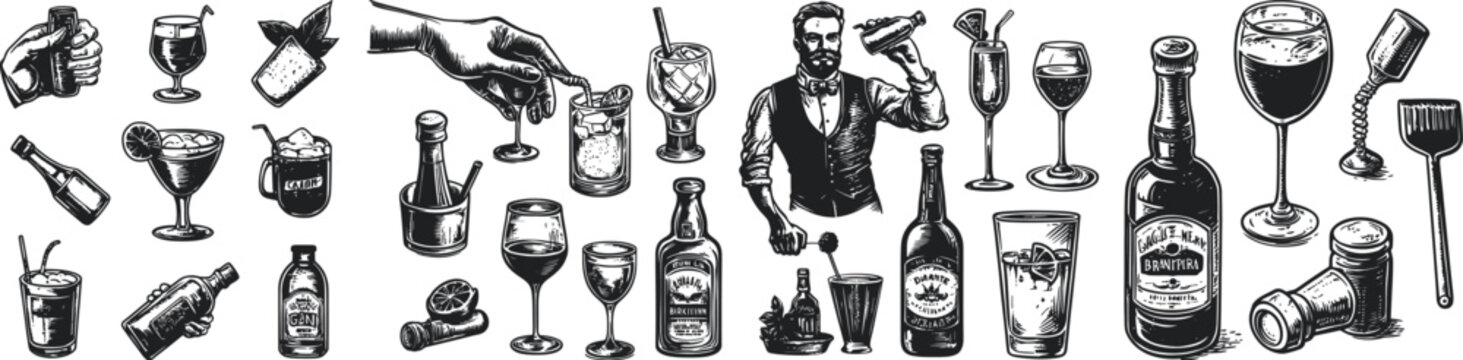 A diverse collection of alcoholic beverages including wine, whiskey, beer, and cocktails presented with various glassware and bottles, suited for celebrations and social gatherings.