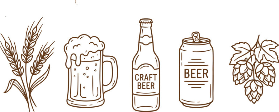 Beer production craft beverage with barley hops mug bottle can retro vector illustration