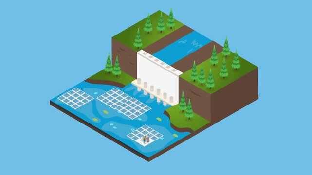 Isometric Hydroelectric Dam with Floating Solar Panels and Modern Fish Farming Cages in the River Reservoir 3d animation cartoon