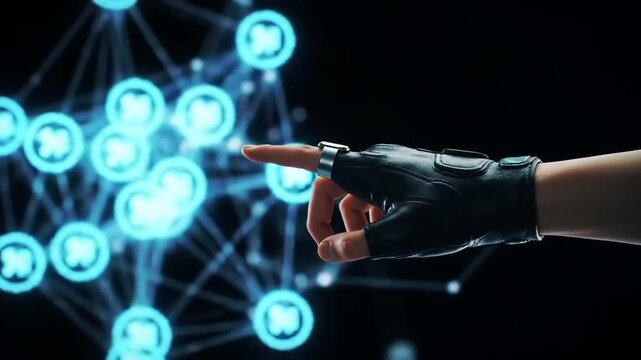 Person wearing haptic glove interacting with glowing digital network in dark futuristic setting