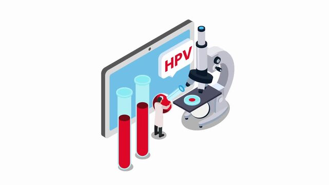 Isometric HPV Blood Test Infographic with Microscope, Test Tubes, and Scientist Conducting Laboratory Analysis 3d animation cartoon