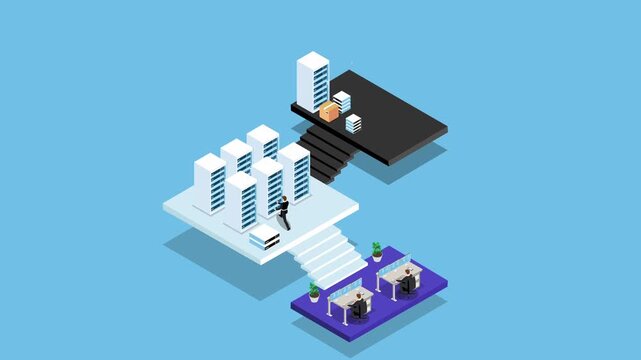 Isometric Data Center Server Farm Infrastructure with Technicians Working on Multi Level Network Platforms 3d animation cartoon