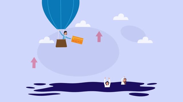 Businessman in Hot Air Balloon Saving Drowning People with Credit Card cartoon animation
