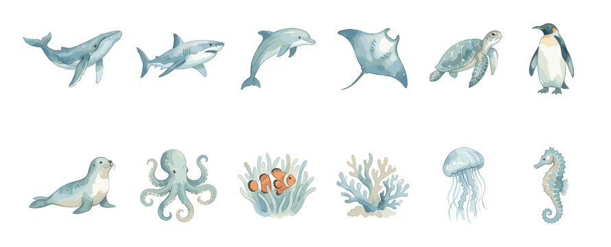 Collection of diverse marine animals and sea life elements, rendered in a charming watercolor illustration style on a clean white background
