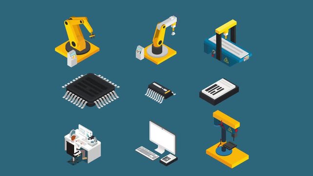 Automated Semiconductor and Electronics Manufacturing Isometric Icons Set 3d animation cartoon
